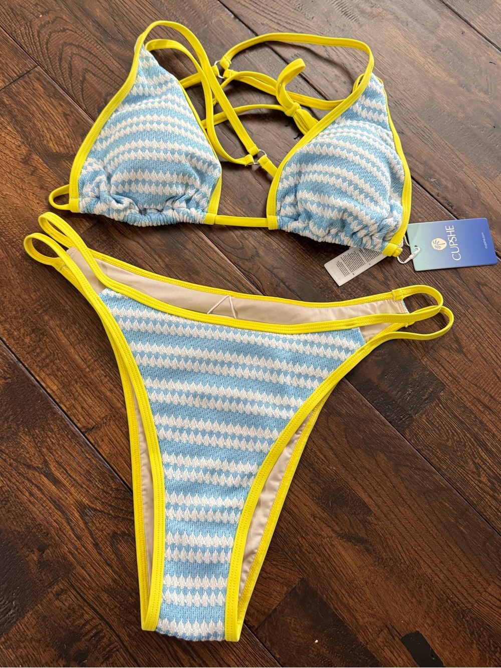 NWT Cupshe Blue & White Chevron Bikini with Yellow Trim Size L